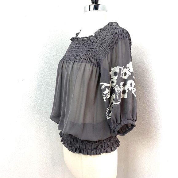 Twelve By Twelve Gray Sheer Embroidered Blouse XS Boho Fairy Whimsy Goth Peasant - Picture 6 of 10